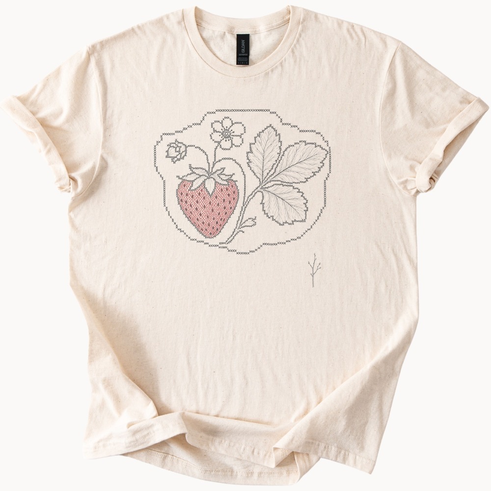 Strawberries Nestled in Cross-Stitch Botanical Oval Tee